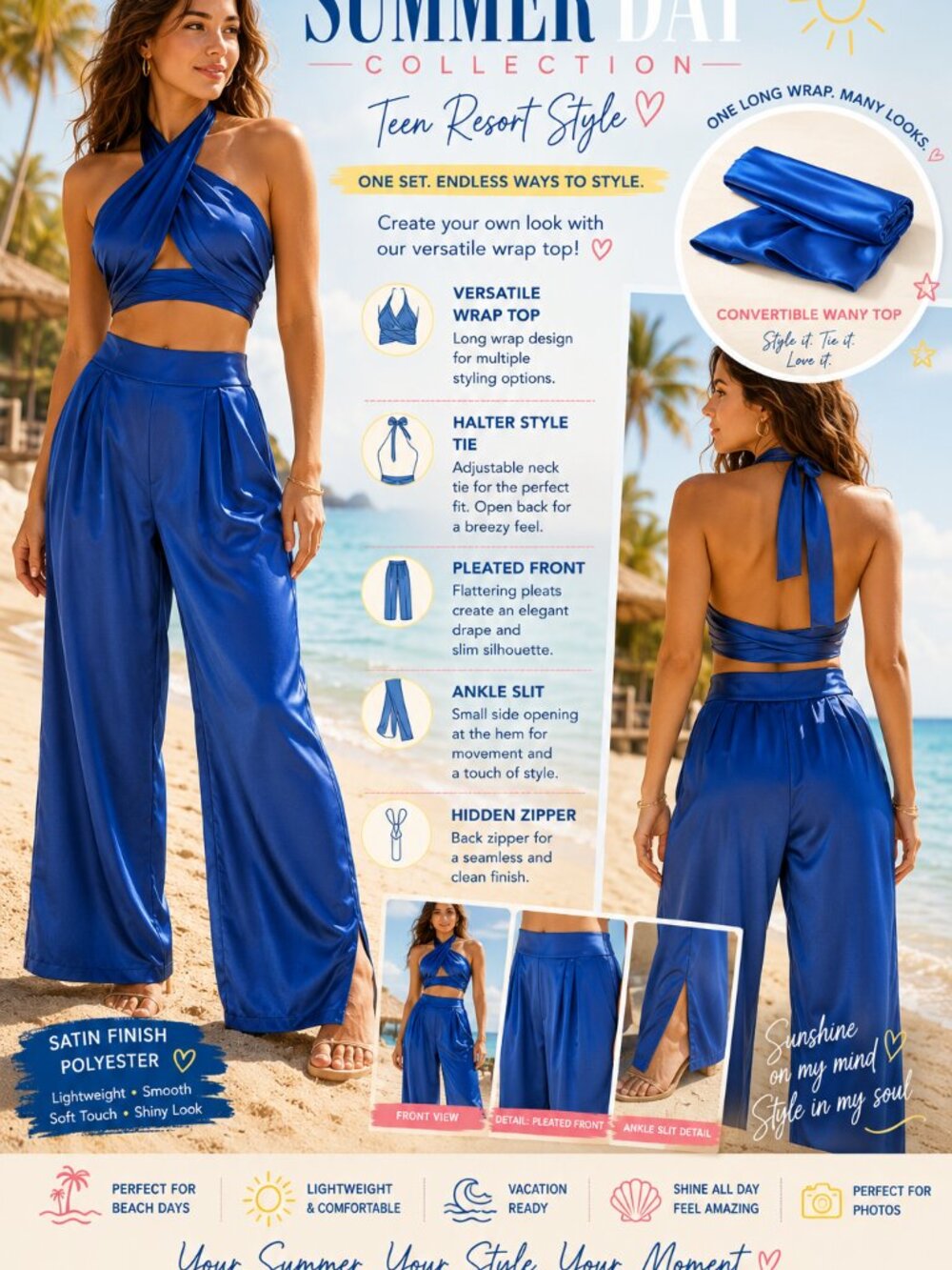 New-SHEIN-M- "SUMMER DAY" SATIN BLUE FULD'S PANTS